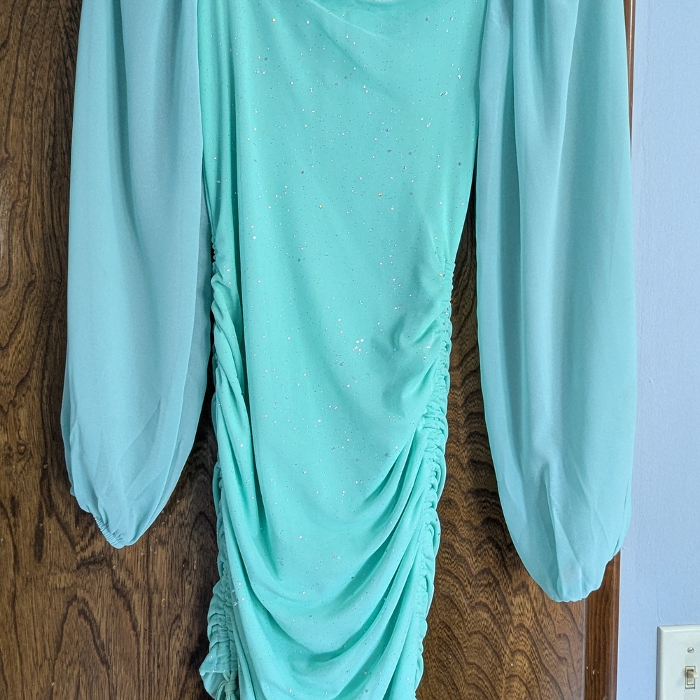 Elegant Aqua Ruched Dress with Sparkle